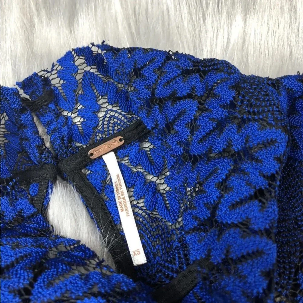 Free People Blue Black Lace Simone Bell Sleeve Crochet Dress Sz XS